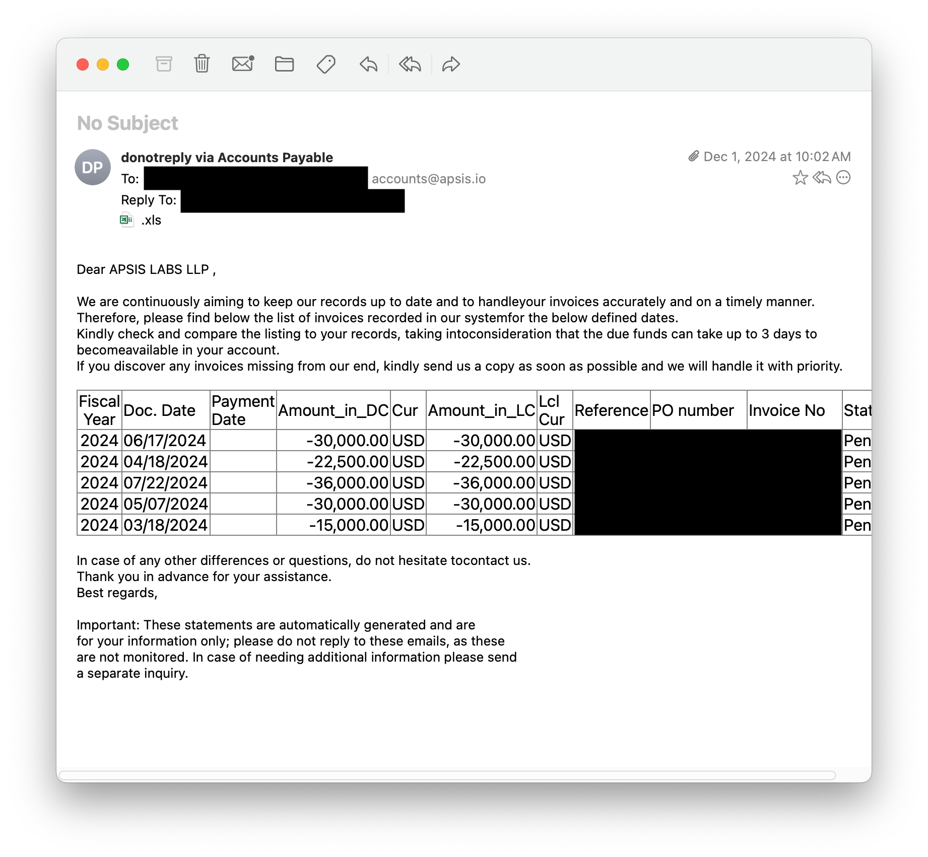 Email received from our client indicating the open, unpaid invoices